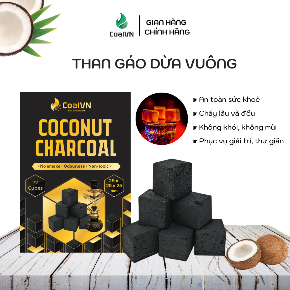 Than Gáo Dừa Cao Cấp Size Vuông 25mm x 25mm x 25mm Nhiệt Cao Tro Thấp Nhanh Bén Lửa