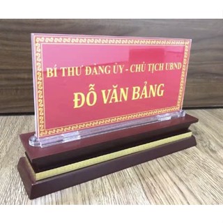 Biển chức danh mica đế gỗ 3 cấp - Kệ mica để bàn -  Bảng tên chức danh đế gỗ, KT 12x24cm
