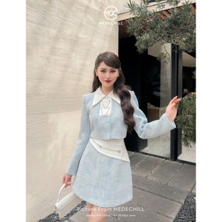 Set Dạ Tweet Tiểu Thư MEDECHILL Thiết Kế Áo Cổ Phối Sơ Mi Chân Váy Chữ A Tôn Dáng Gắn Dây Xích Tạo Điểm Nhấn S760