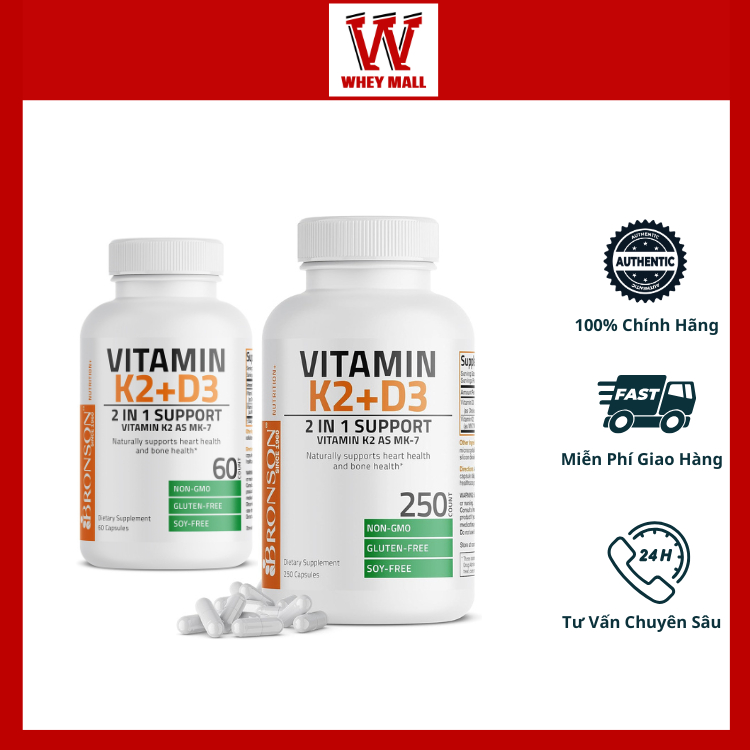 Bảo vệ xương khớp Bronson Vitamin D3 + K2 (5000IU D3 & 120mcg K2) nhập khẩu Mỹ tăng sức đề kháng, hi