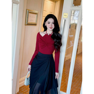  Áo Tăm Trễ Vai Tay Dài Cổ Yếm Buộc Dây Xoắn Ngực Bẹt Vai Thời Trang Thiết Kế Nữ CurvyQ 