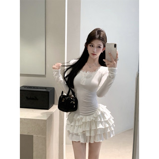 Đầm xòe dài tay giả hai dây cổ chữ U xẻ tà phong cách Hàn Quốc dáng ngắn chữ A dành cho nữ trong mùa thu