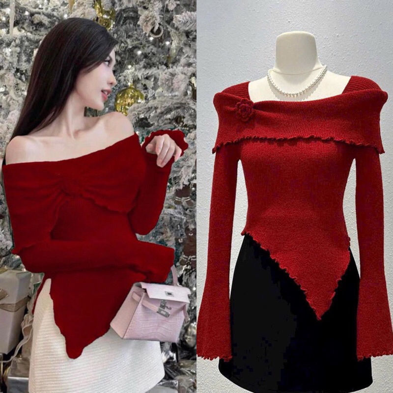 Áo Len Đỏ bẹt vai  - Áo trễ vai tiểu thư len tăm co giãn freeszize dưới 55kg | BigBuy360 - bigbuy360.vn