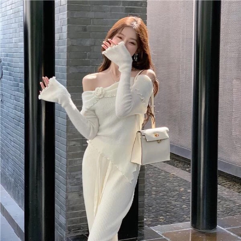 Áo Len tiểu thư trễ vai - Set váy áo outfit Tết du xuân A347 | BigBuy360 - bigbuy360.vn