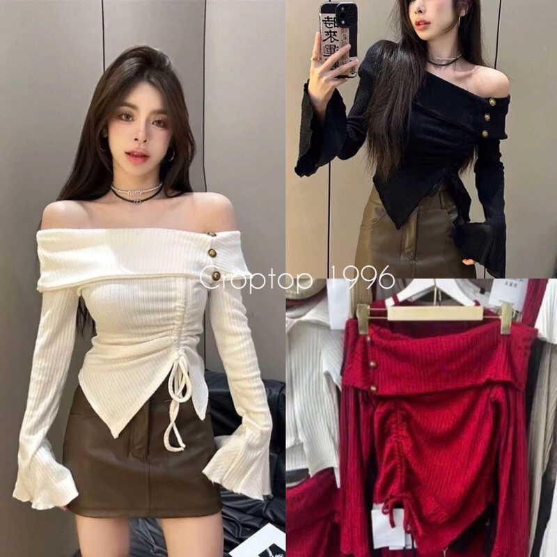 Áo kiểu tay loe bẹt vai Len Gân dày ấm đính cúc sang chảnh A346 | BigBuy360 - bigbuy360.vn