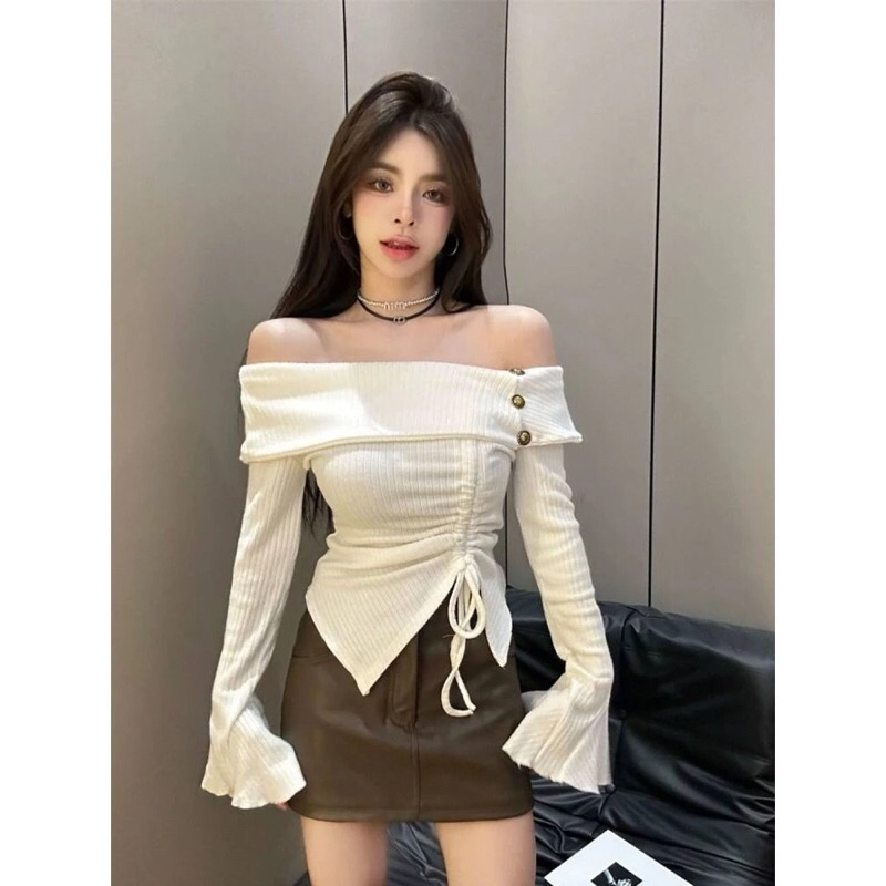 Áo kiểu tay loe bẹt vai Len Gân dày ấm đính cúc sang chảnh A346 | BigBuy360 - bigbuy360.vn