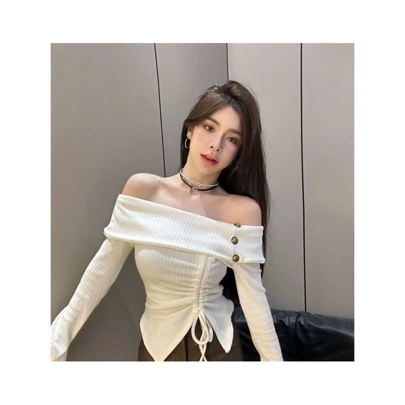 Áo kiểu tay loe bẹt vai Len Gân dày ấm đính cúc sang chảnh A346 | BigBuy360 - bigbuy360.vn