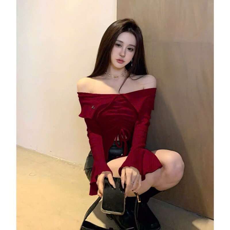 Áo kiểu tay loe bẹt vai Len Gân dày ấm đính cúc sang chảnh A346 | BigBuy360 - bigbuy360.vn