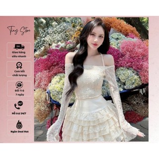 TinyStore - Set bộ nữ váy áo ren trễ vai mix chân váy bèo tầng Đầm dự tiệc sang chảnh đính đá TS002