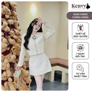 Set váy tiểu thư dáng chân váy chữ A ngắn dạ Tweed tặng kèm tag cài hoa trà  KENVY STORE