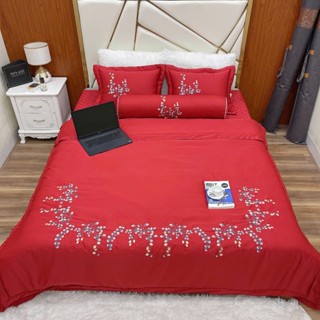 Bộ Chăn Ga Gối 5 Món Phi Lụa, Sét Chăn Ga Phủ Giường Trần Bông Thêu Hoa mềm mát, dày dặn đủ mọi kích thước