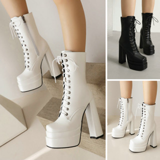  Boot dancer  Combat boot nữ ngang bắp chân cột dây màu ĐEN TRẮNG GÓT VUÔNG 14CM mũi 2 lớp thời thượng GBN41 