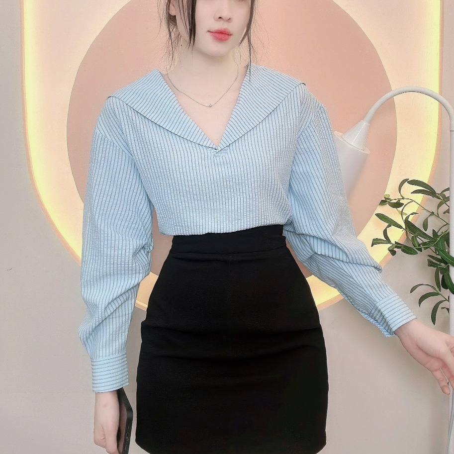 Áo sơ mi nữ thiết kế áo thủy thủ vải sọc cotton dày dặn kiểu dáng trẻ trung LAMO - B1360
