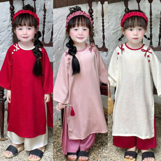 Áo Dài Cách Tân Cho Bé Gái (10-36kg) TẶNG Kèm Bờm Chất Liệu Lụa Gấm Thiết Kế Đính Cúc Nơ - CHICKBONG T8