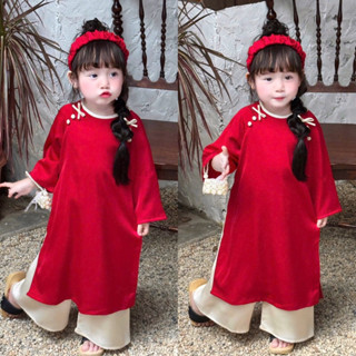 Áo Dài Cách Tân Cho Bé Gái (10-36kg) Màu Đỏ Phối Quần Kem TẶNG Kèm Bờm Chất Liệu Lụa Ngọc Cao Cấp - CHICKBONG BABY D15