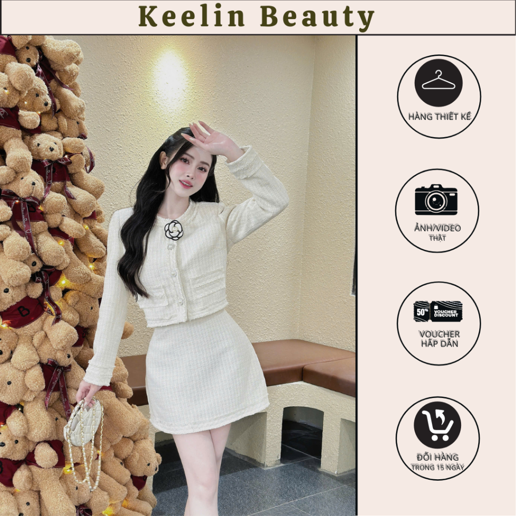 Set váy tiểu thư dáng chân váy chữ A ngắn dạ Tweed tặng kèm tag cài hoa trà KEELIN BEAUTY