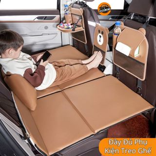 Đệm giường ô tô Gấu Nâu HieuMinhCar chất liệu da, Nệm xe ghế sau gấp gọn, in hình 2 mặt thế kế 5 lớp, chịu tải tốt.