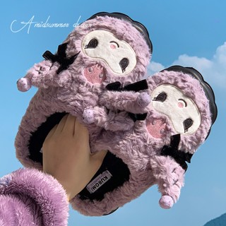 Dép bông Sanrio Kuromi đi trong nhà mùa thu đông giữ ấm, đế dày, sục lót lông mềm mại, siêu nhẹ, chống trơn trượt