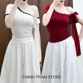 Áo Thun Nữ Lệch Vai Tay Ngắn Phối Ren Kèm Dây Cột Nơ Nhiều Màu - Chinh Trần Store