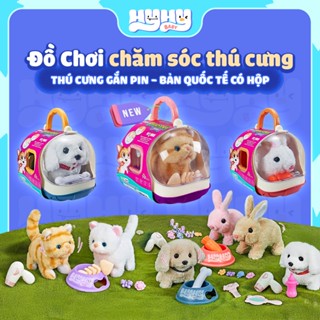 [Bản Cao Cấp] Đồ Chơi Chăm Sóc Thú Nhồi Bông Cho Bé, Lồng Gấu Bông Mèo, Thỏ Bông, Gấu Bông Chó Biết Đi Kêu, Vẫy Đuôi