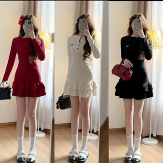 Váy sơ mi cổ tròn body thêu nơ đuôi cá