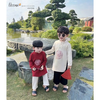 Set bộ áo dài thiên long Beemo vải nhung mềm cho bé trai mặc sự kiện, tết, chụp hình 4597SDB