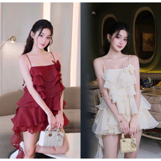 ( Chuẩn L1 Kèm Quần Tafta ) Set Áo 2 Dây Voan Nhiều Tầng Kết Hoa Ngực Bèo Tơ Kèm Quần Ngắn