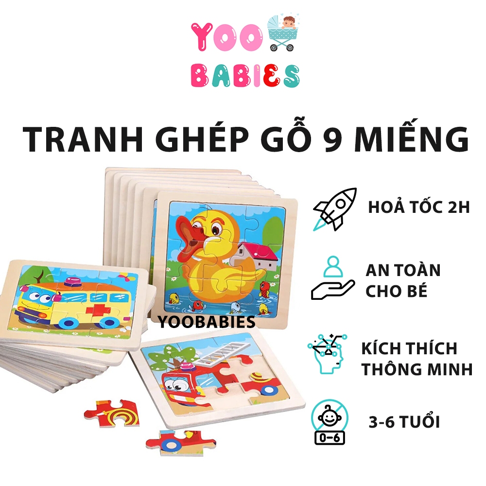 Tranh Ghép Hình, Xếp Hình Gỗ 9 Mảnh Nhiều Chủ Đề YOOBABIES - Puzzle Giúp Bé Kích Thích Sáng Tạo, cho