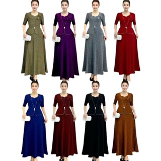 Đầm dạ hội trung niên dáng vest che bụng cổ gợn sóng viền ngọc phối hoa to bản thun nhũ mịn size lớn 80kg, Đầm vest dài