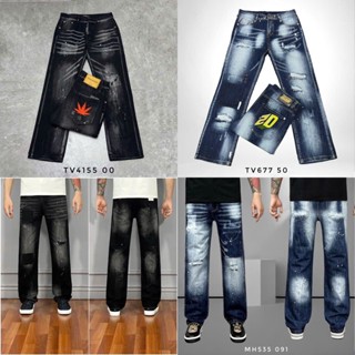 Quần Bò ống suông nam rách vẩy sơn  mẫu mới, Quần jeans nam ống suông đen vảy sơn thuê lá đỏ ở túi