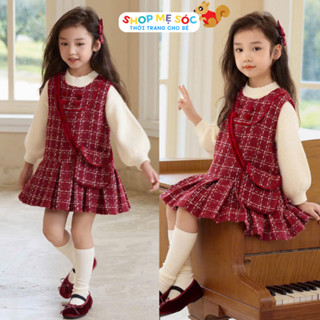 Váy Đỏ Tết Cho Bé Gái Set Váy Dạ Đỏ Xòe Phối Áo Nỉ Cho Bé Gái 8-34kg Phong Cách Hàn Quốc