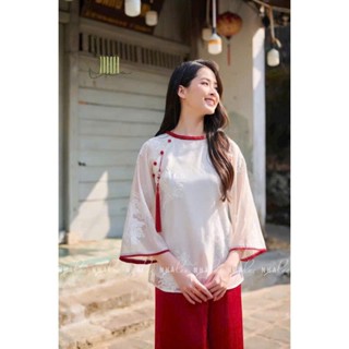  Sét thời trang nữ chất áo tơ thêu cổ tròn tay lỡ kèm quần tuyết nhung ống rộng mặc tôn dáng sang trọng 