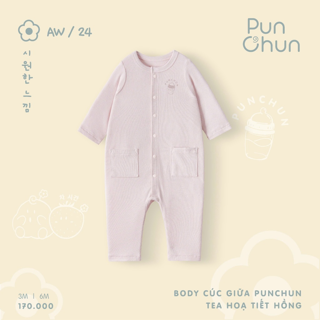 Bộ liền Body dài cúc giữa vải vừa cotton gân cho bé sơ sinh Tea Punchun - AW24 Bodysuit thu đông vải