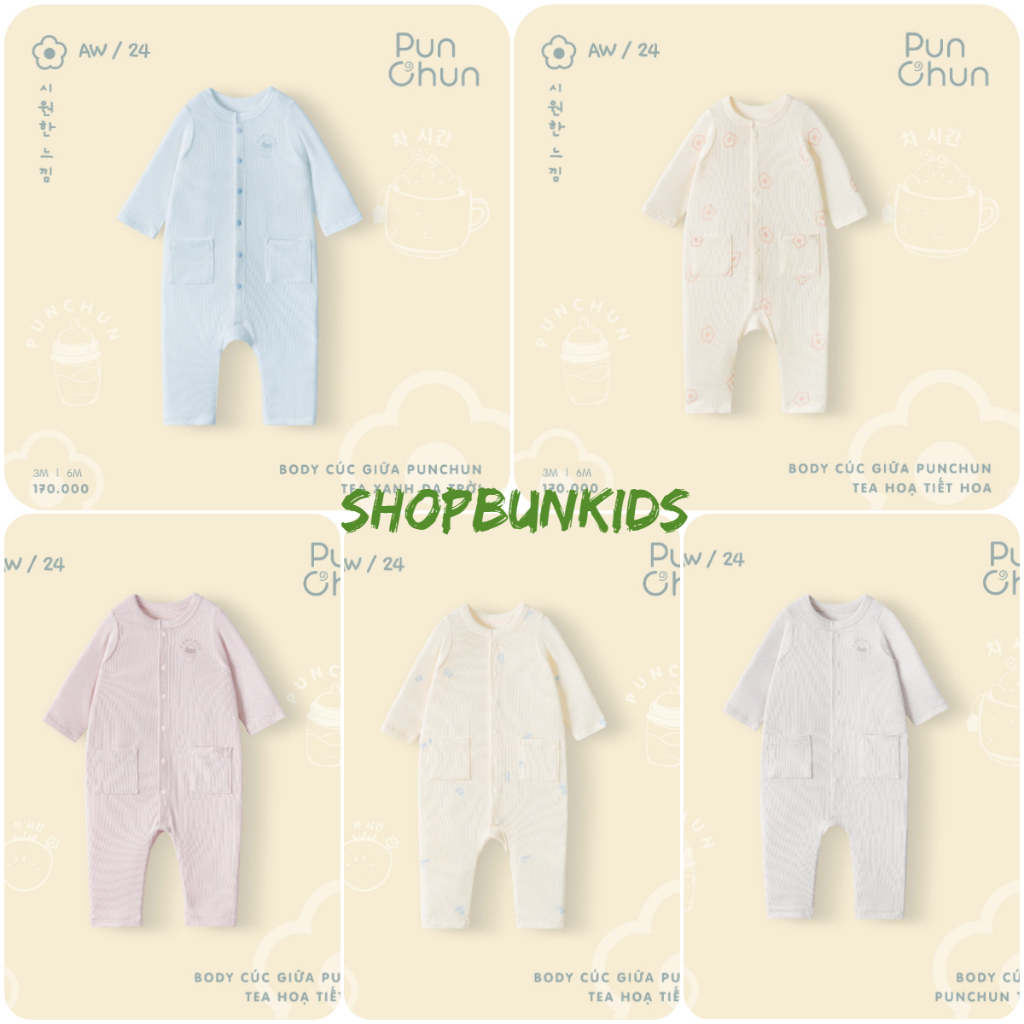 Bộ liền Body dài cúc giữa vải vừa cotton gân cho bé sơ sinh Tea Punchun - AW24 Bodysuit thu đông vải