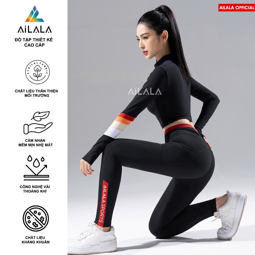 AiLALA® Chính Hãng Set Thiết Kế Đồ Bộ Tập Thể Thao LUX04C, áo dài tay, quần legging có túi