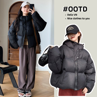 Áo phao béo nam nữ form rộng tay dài bo chun unisex mặc đôi ngực thêu chữ phối màu be và đen DELIZ