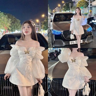 Đầm thiết kế vải gấm phối tơ trễ vai đính bướm dài tay nhún tay bồng váy dáng ngắn màu trắng sang trọng