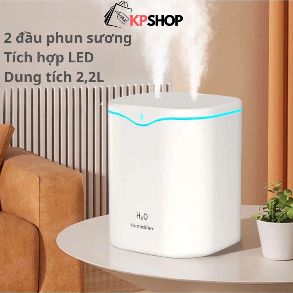 Máy phun sương, máy xông tinh dầu tạo ẩm, làm thơm phòng 2,2L, 2 lõi phun, nhiều chế độ, tích hợp đèn ngủ LED nhiều màu