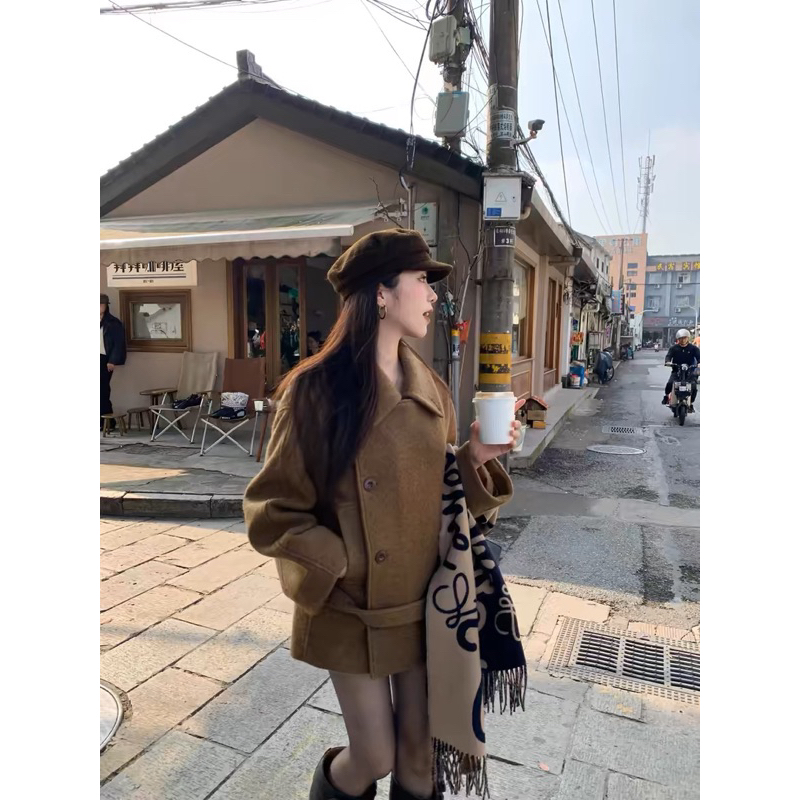 PONY COACH• Áo khoác dạ cổ bẻ cúc cài phối đai thắt eo tiểu thư sang chảnh, áo dạ ép cao cấp