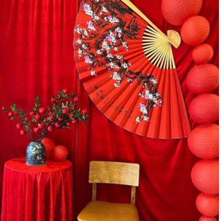 Quạt giấy treo tường Hoa Đào Cổ. Quạt hoa đào trang trí Tết, phòng cưới, phòng trà, cafe, nhà hàng.