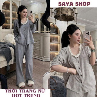  Đồ ngủ nữ bộ pijama áo dài tay kẻ umi cổ viền ren 2 màu kẻ ghi và be cực xinh SaYa Shop hcom3480 