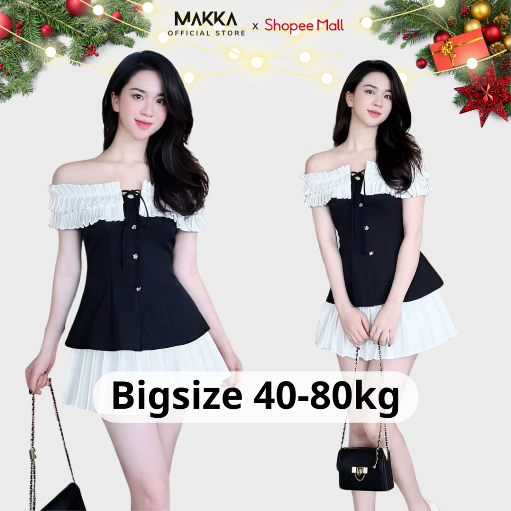 Váy nữ thiết kế MAKKA váy trễ vai xếp ly ngực mix dây thắt nơ đính khuy dáng xòe 5006 | BigBuy360 - bigbuy360.vn
