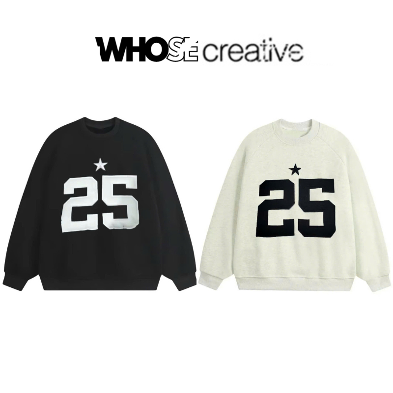  Áo sweater cổ tròn BST nỉ bông xám trắng form rộng nhiều hình phong cách Coquette Whose S22 