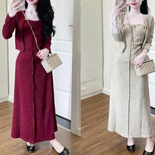 Set Váy Hoa Nổi 2 Dây Kèm Áo Khoác Ngoài, Đầm Body Len Gân Đính Hoa Mix Áo Cardigan Dài Tay