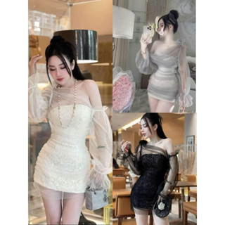    có bigsize  Đầm ôm body ren tơ phối lưới trễ vai tay dài phong cách sexy Nữ 