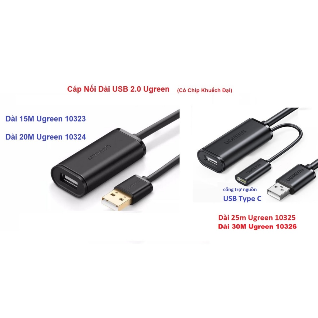 Cáp Nối Dài USB 2.0 ( 15M 10323 , 20m 10324 , 25m 10325 , 30m 10326 )   Ugreen - Có Chip Khuếch Đại