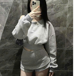 Set Bộ Nỉ Lệch Vai, Áo Dài Tay Dáng Croptop Mix Quần Giả Váy Cho Nữ Mùa Thu Đông