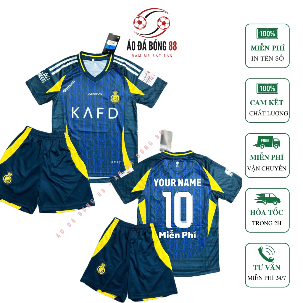 [18kg-45kg + in Miễn Phí] Bộ quần áo Trẻ Em Al Nassr - Xanh Tím - in Tên Số - Vải Mè Lỗ Kim