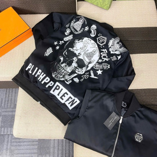 Áo khoác bomber gió nam nữ Philipp Plein thêu logo ngực phối hoạ tiết hình đầu lâu lưng - Áo khoác gió Philipp Plein2024