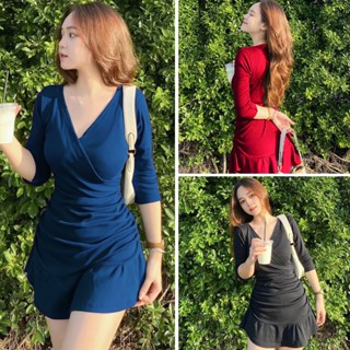 HỎA TỐC Đầm Váy Body Nhún Eo 2 Bên, Tay Dài Thun Gân Tăm Cổ Chéo Bigsize 45-85kg Xinh Cho Nàng Béo Múp